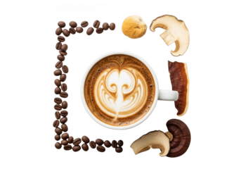 Elegant coffee latte art with mushroom adaptogens and coffee bean border