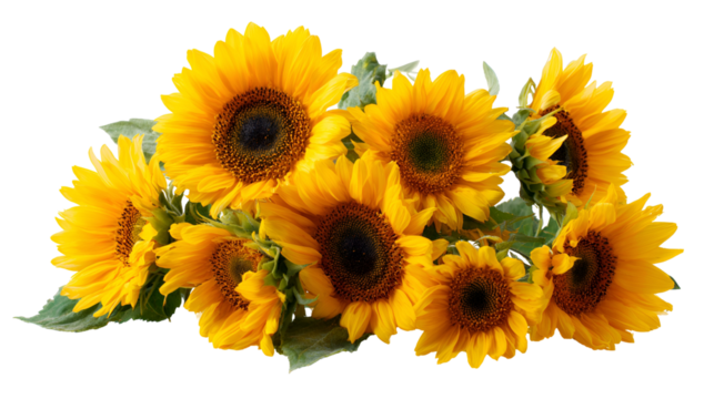 Vibrant bouquet of bright yellow sunflowers with dark centers against a black background