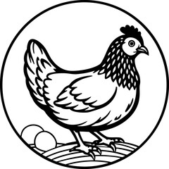 A detailed, black and white line art illustration of a hen is centered in the frame. The hen is a mature adult, rendered in a detailed hatching style, giving the image a classic, engraved feel. The he