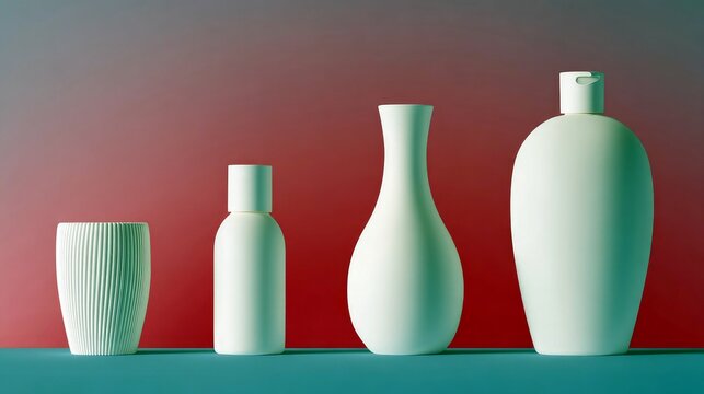 A collection of four white containers, including a ribbed cup, a small bottle, a vase, and a larger bottle with a flip-top cap, are displayed in a row.