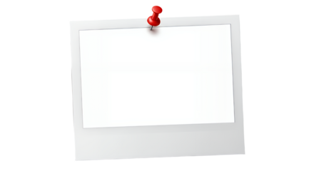 Blank white polaroid photo frame with red pushpin isolated on transparent background