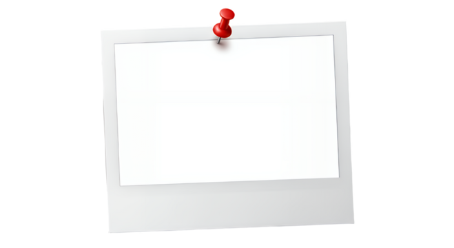 Blank white polaroid photo frame with red pushpin isolated on transparent background