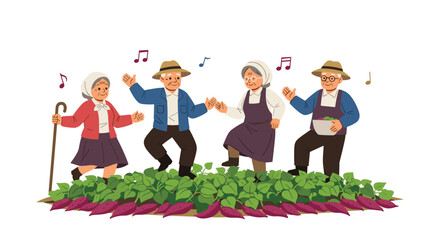 Elderly farmers joyfully dancing in a field of sweet potatoes with musical notes floating above.