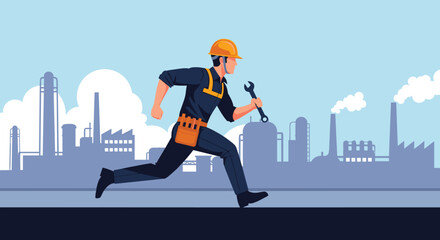 Male worker in hard hat and overalls running with a wrench in front of factory buildings with smoke stacks.