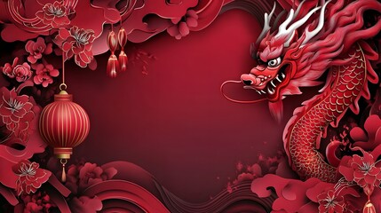 Happy New Year, dragon zodiac shines with lanterns and flowers on red.