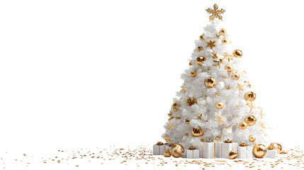 Elegant White Christmas Tree with Gold Ornaments, isolated on transparent background