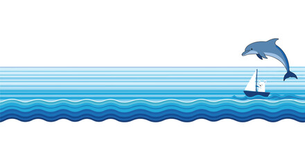 A dolphin leaps out of the ocean waves near a sailboat with a white sail and a small cabin.