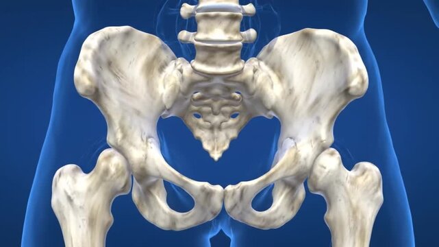 Animated Human Pelvis and Hip Bones Rotating on Blue Background for Medical Visualization