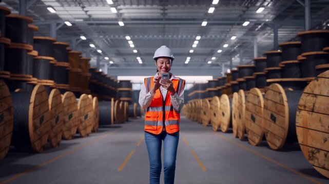 Front View of Asian Female Engineer Use Smartphone While Walking In Cable Coils Warehouse