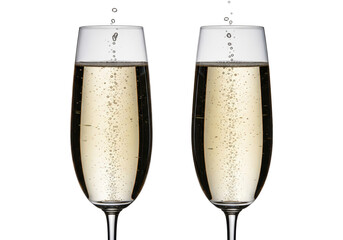 Two gleaming crystal champagne flutes with golden effervescent champagne, isolated on a seamless transparent high-key background. Concept of luxury celebration