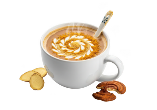 Delicious turmeric latte with ginger and reishi mushroom for wellness