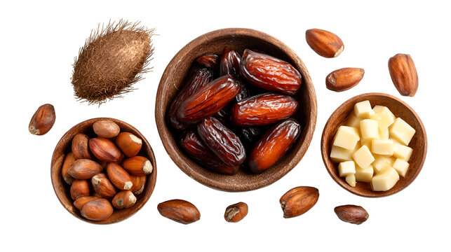 Assortment of dried dates and nuts in rustic bowls on a dark background - Powered by Adobe