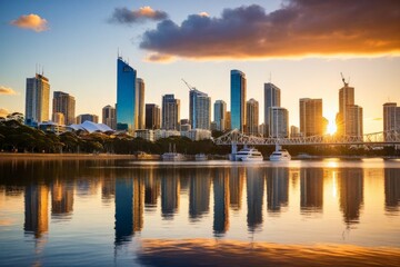Obraz premium Sonnenuntergang über der Skyline von Brisbane, moderne Architektur und Stadtlandschaft