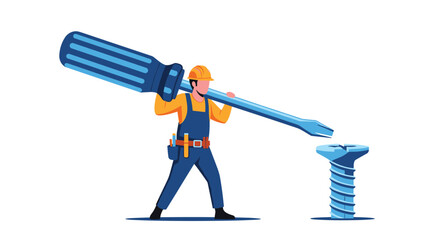 A cartoon illustration of a worker with a hard hat and overalls holding a giant blue screwdriver to a blue screw.