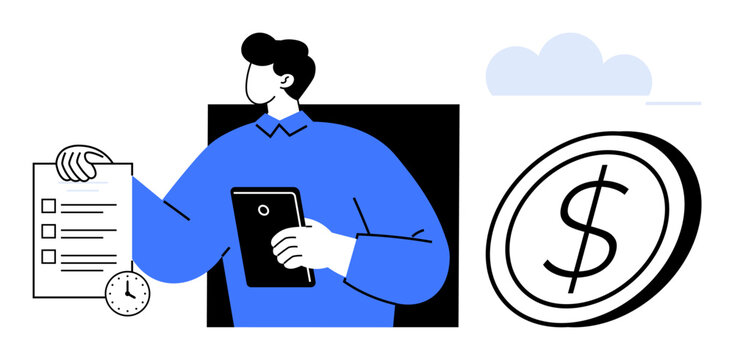 Man holding a task list and tablet, clock representing time management, large coin symbolizing money. Ideal for productivity, finance, time tracking, budgeting, planning, efficiency simple flat