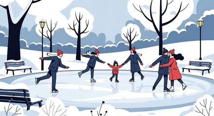 Diverse people enjoy ice skating on an outdoor rink in a snowy park, featuring families and couples enjoying the winter activity.