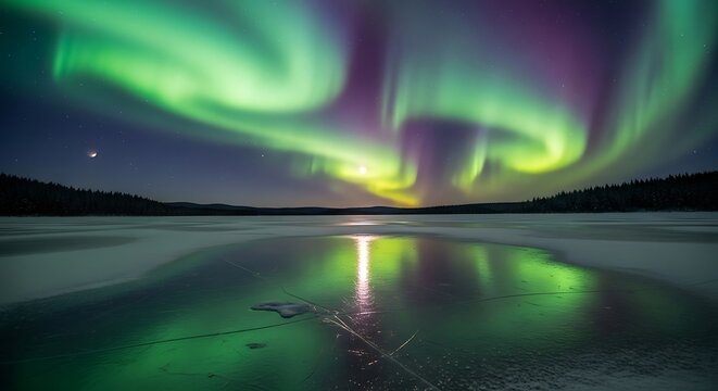Dramatic Northern Lights (Aurora Borealis) fill the night sky with vibrant green and purple, reflecting brilliantly on a frozen lake with a crescent moon.