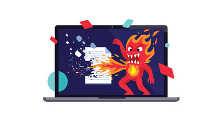 Angry fire monster attacking a laptop screen with data being corrupted and fragmented.