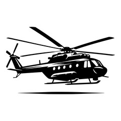 Fototapeta premium soaring Above: A detailed silhouette of a powerful helicopter, gracefully captured in mid-flight, poised against an open sky, suggesting adventure and aerial exploration.