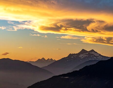 Majestic mountainous landscape under a vibrant, swirling sunset sky - Powered by Adobe