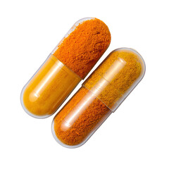 Two bright orange capsules filled with granular supplement powder on a black background