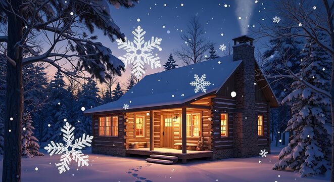 A cozy log cabin with glowing windows is nestled in a snowy forest at twilight, with large, stylized snowflakes falling gently around it.