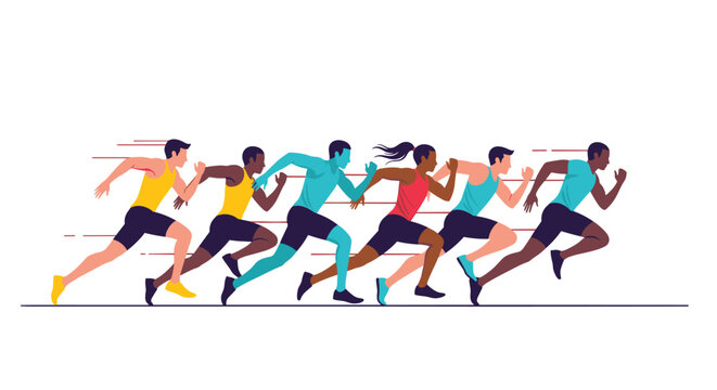 Diverse group of athletes in a sprint race showing motion and determination.