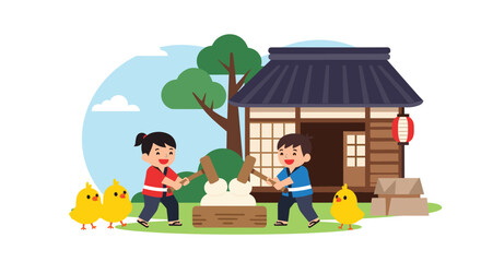 Two children enthusiastically pounding mochi together in front of a traditional Japanese house with chicks nearby.