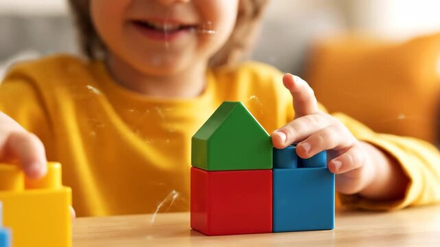 Young child playing with colorful building blocks indoors