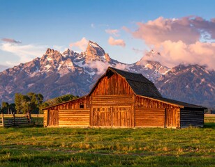Old weathered wooden barn framed by snow-capped mountains
