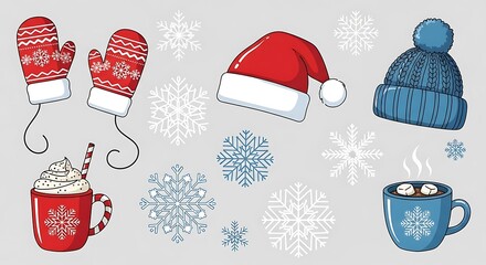A cozy holiday collection of winter items: mittens, hats, snowflakes, and mugs of hot cocoa, perfect for Christmas themes.
