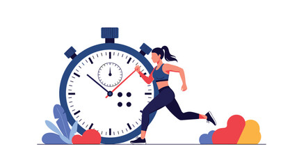 Woman running fast next to a stopwatch, symbolizing fitness and time management.