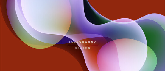 Abstract fluid shapes overlap, creating vibrant color gradients. Red background provides contrast. Modern design element.