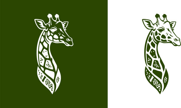 Logo Elegant vector illustration of a majestic giraffe head and neck, showcasing intricate patterns in a monochrome palette, ideal for branding, wildlife themes, and decorative design elements