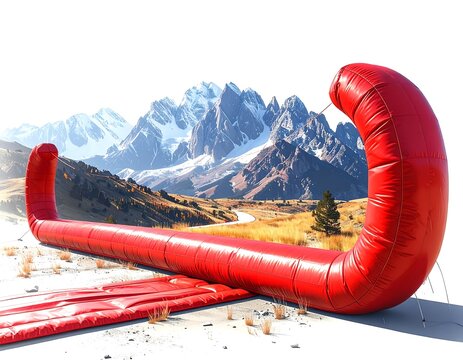 Large red inflatable arched structure in a mountain landscape