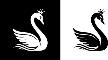 Logo Elegant crowned swan illustrations in contrasting black and white, depicting grace, royalty, and symbolic duality, perfect for sophisticated design projects © Dhani