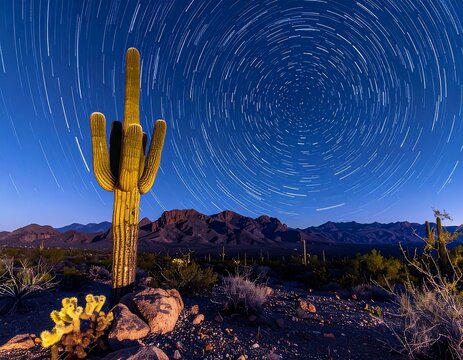 Long exposure shot of cactus under a night sky with star trails