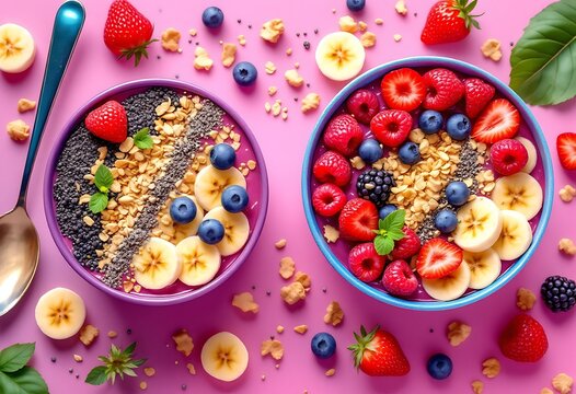 Two bowls of fruit and nuts on a pink background. Graphic, photo, vector, images, illustration, art, design, clipart, abstract, digital, tshirt, pattern, mockup, stock - Powered by Adobe