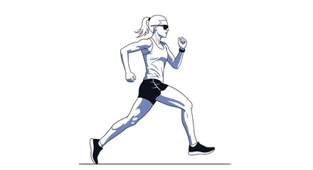 A woman with a ponytail and sunglasses running vigorously forward on a white background.