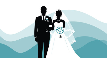 Silhouetted bride and groom in wedding attire walk together on abstract wavy background.