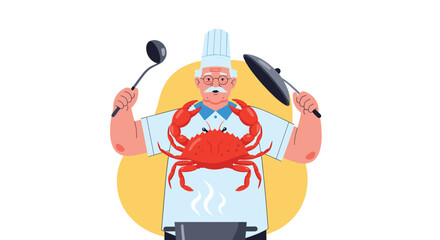 Chef with crab and cooking utensils in a whimsical illustration.