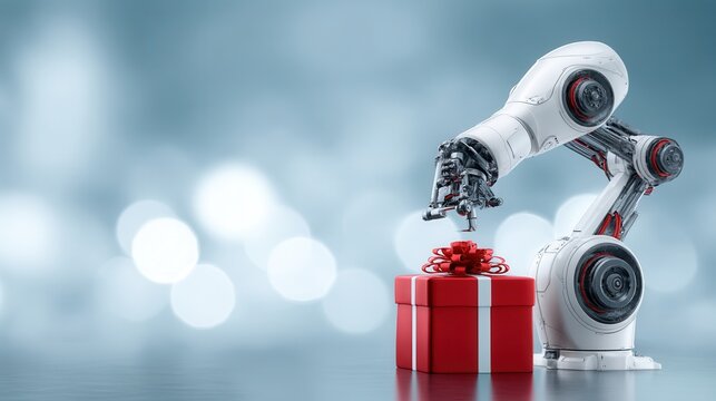 christmas festival Robotic arm presents a gift box on a blurred background. - Powered by Adobe