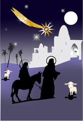 Christmas composition with Mary and Joseph traveling to Bethlehem