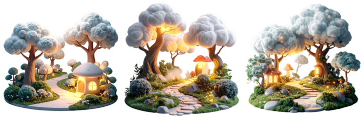 Whimsical Fluffy 3D Cartoon Forest Path Leading to a Soft Glowing Mushroom Cottage, Isolated on Transparent Background