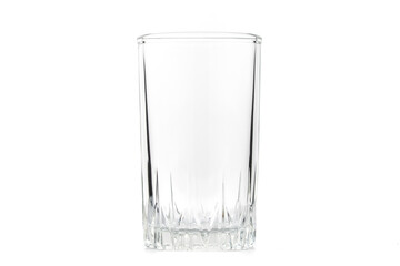 A clear glass cup sits on a white background