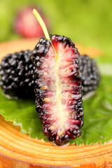 Fresh Mulberry Fruit Cut Open Showing Red White Flesh Interior on Green Leaf Macro Close-up
