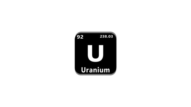 92 Number Uranium (U) symbol school chemistry lesson animation element of the periodic table on white background...