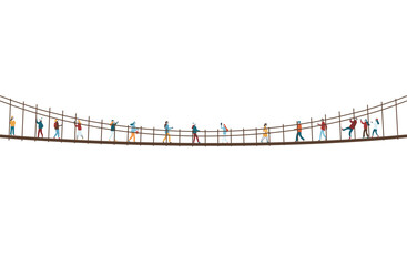 Fototapeta premium 吊り橋を渡るにぎやかな人々のイラスト素材