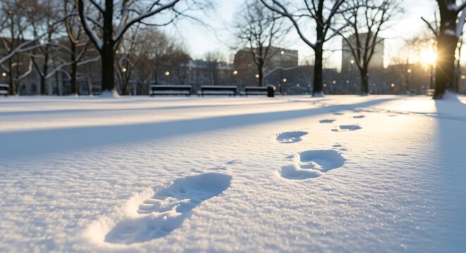 Close-up of deep boot footprints in fresh, pristine snow across an urban park at sunrise or sunset, with long shadows and bare trees.