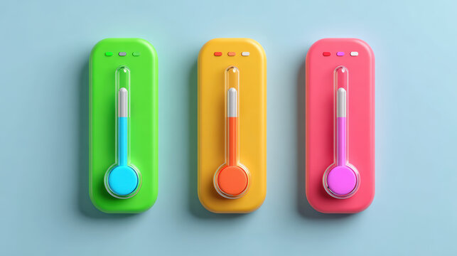 Playful colorful progress bar and thermometer indicator. Green, yellow and pink levels show measurement status for fundraising goal or concept